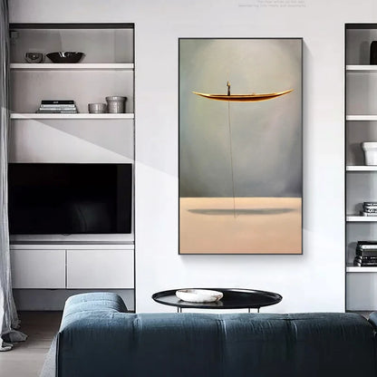 fantasy scene with lonely thinker and golden boat canvas wall art