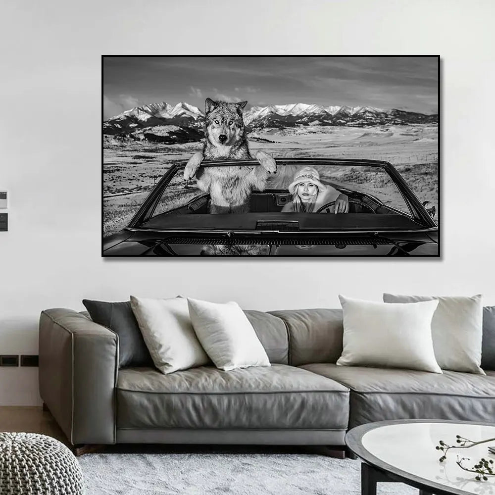 black and white wild wolves dramatic canvas wall art