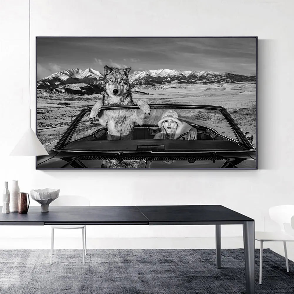 black and white wild wolves dramatic canvas wall art