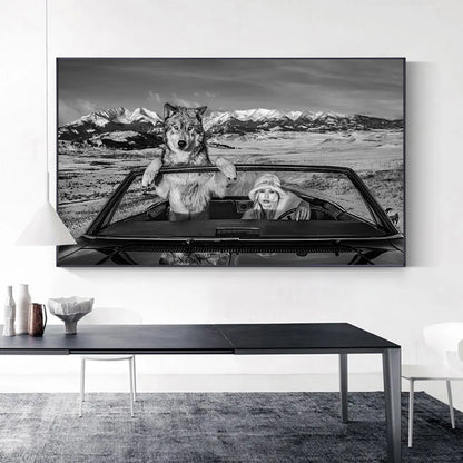 black and white wild wolves dramatic canvas wall art