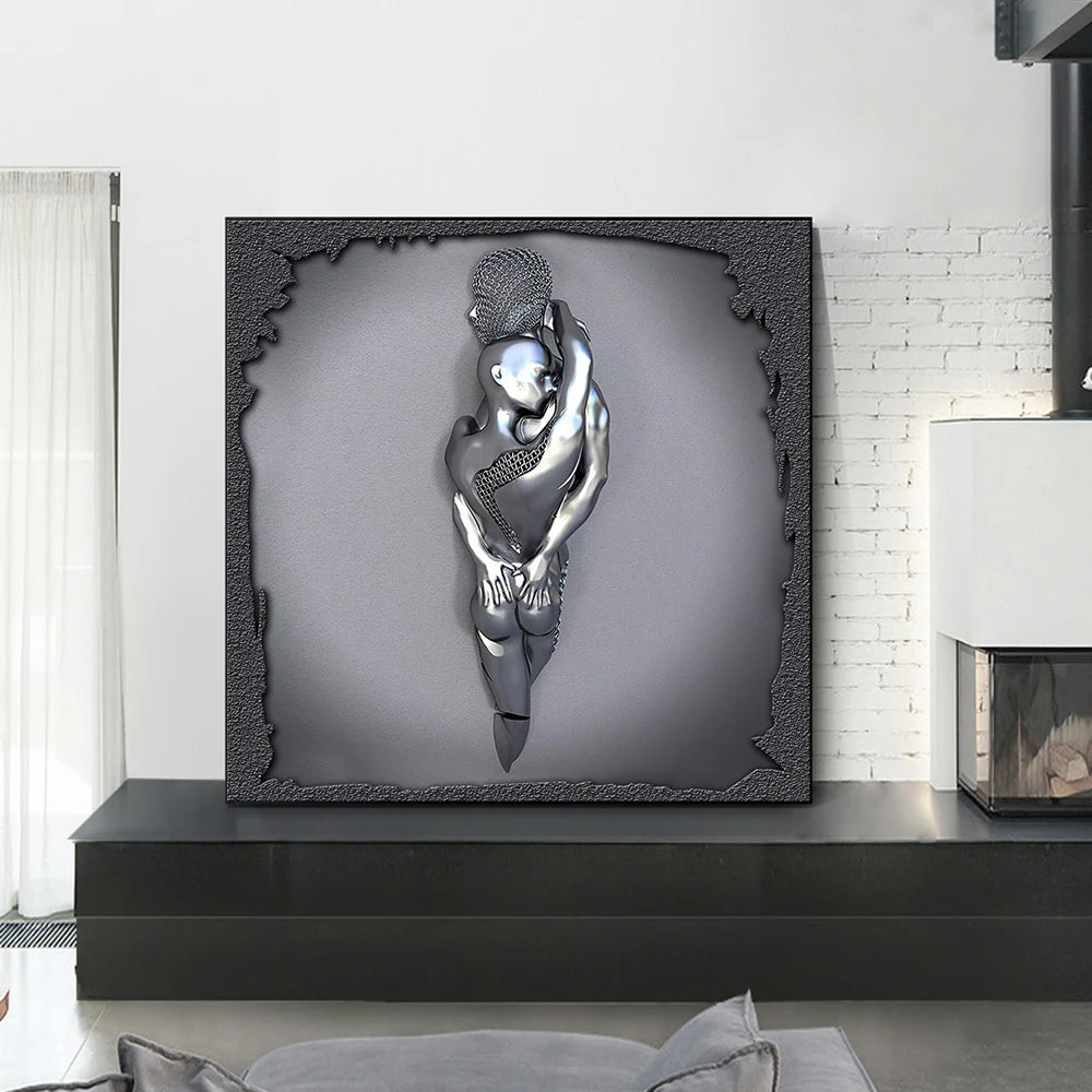 Modern 3D metal lovers sculpture motif canvas wall art