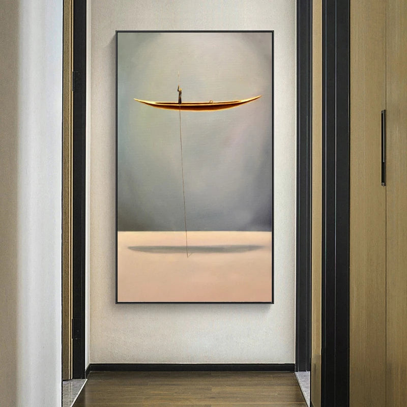 fantasy scene with lonely thinker and golden boat canvas wall art