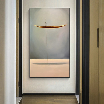 fantasy scene with lonely thinker and golden boat canvas wall art