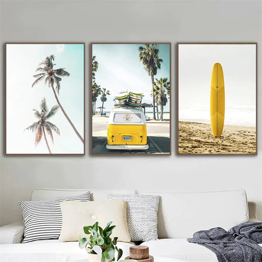 yellow travel car with surfboard by California ocean beach canvas wall art