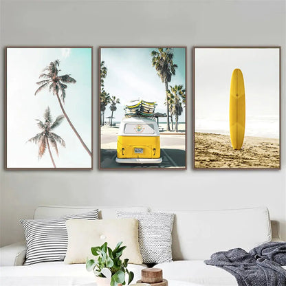 yellow travel car with surfboard by California ocean beach canvas wall art