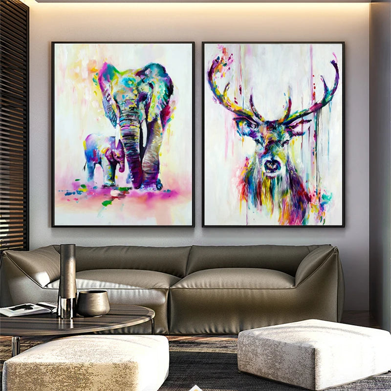 Watercolor Elephant & Deer Canvas Print