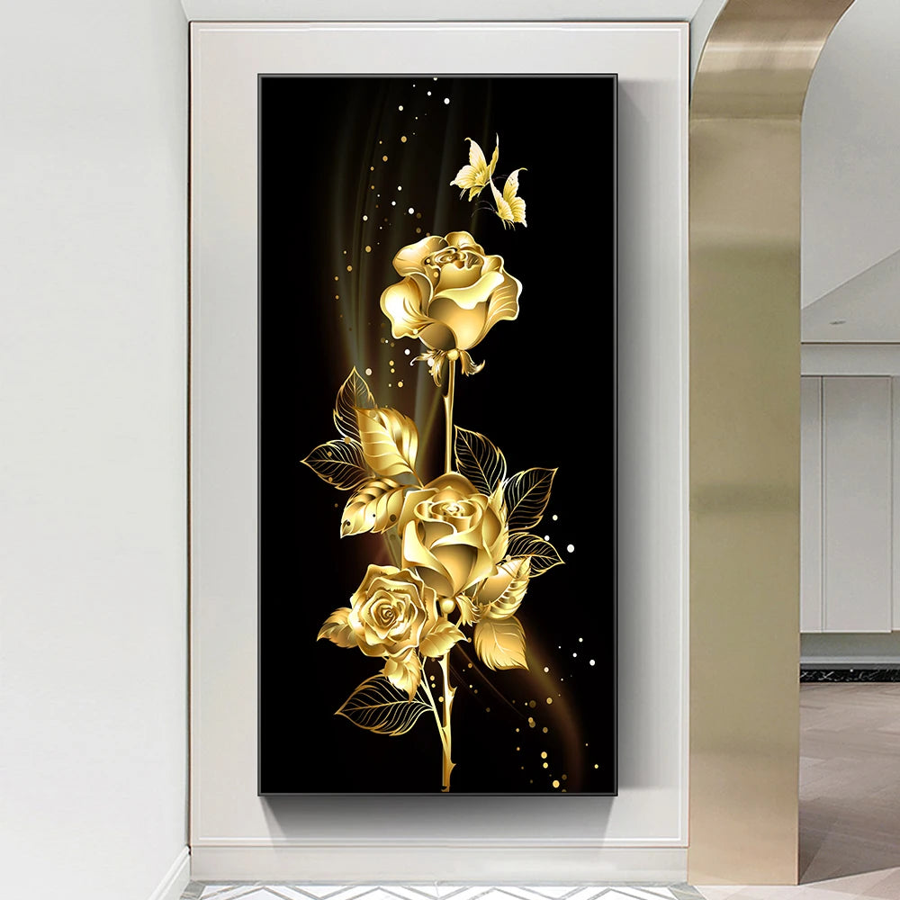 abstract flowering tree with golden leaves oil canvas wall art