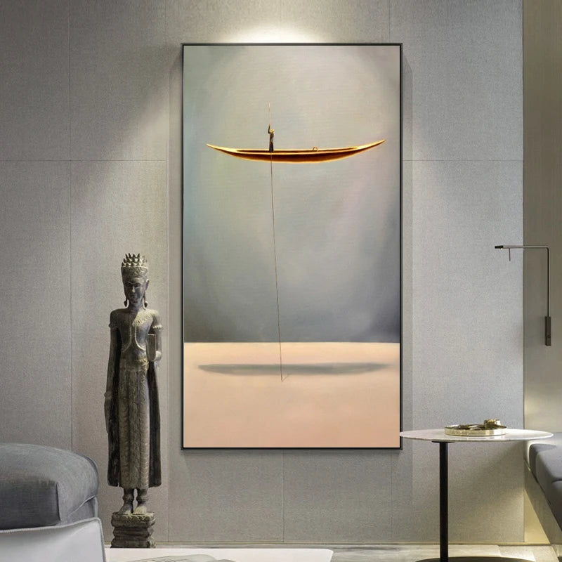 fantasy scene with lonely thinker and golden boat canvas wall art