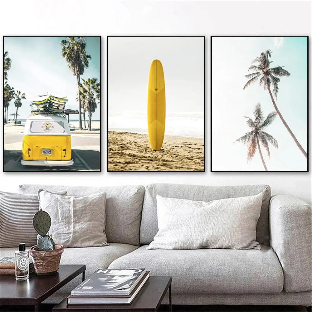yellow travel car with surfboard by California ocean beach canvas wall art