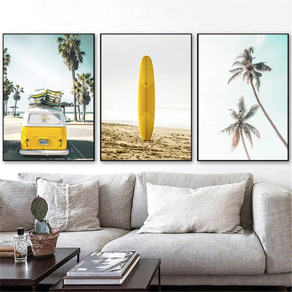 yellow travel car with surfboard by California ocean beach canvas wall art
