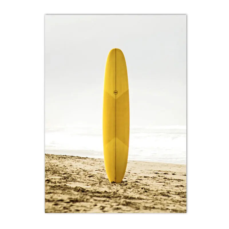 yellow travel car with surfboard by California ocean beach canvas wall art