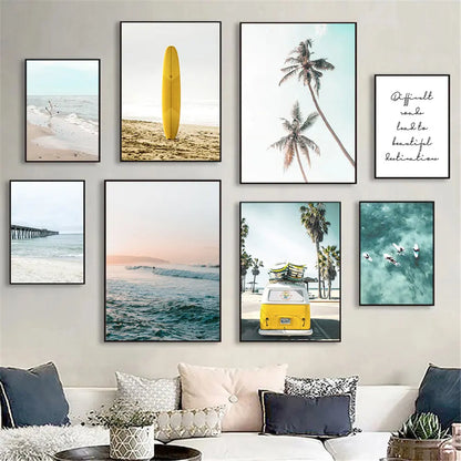 yellow travel car with surfboard by California ocean beach canvas wall art