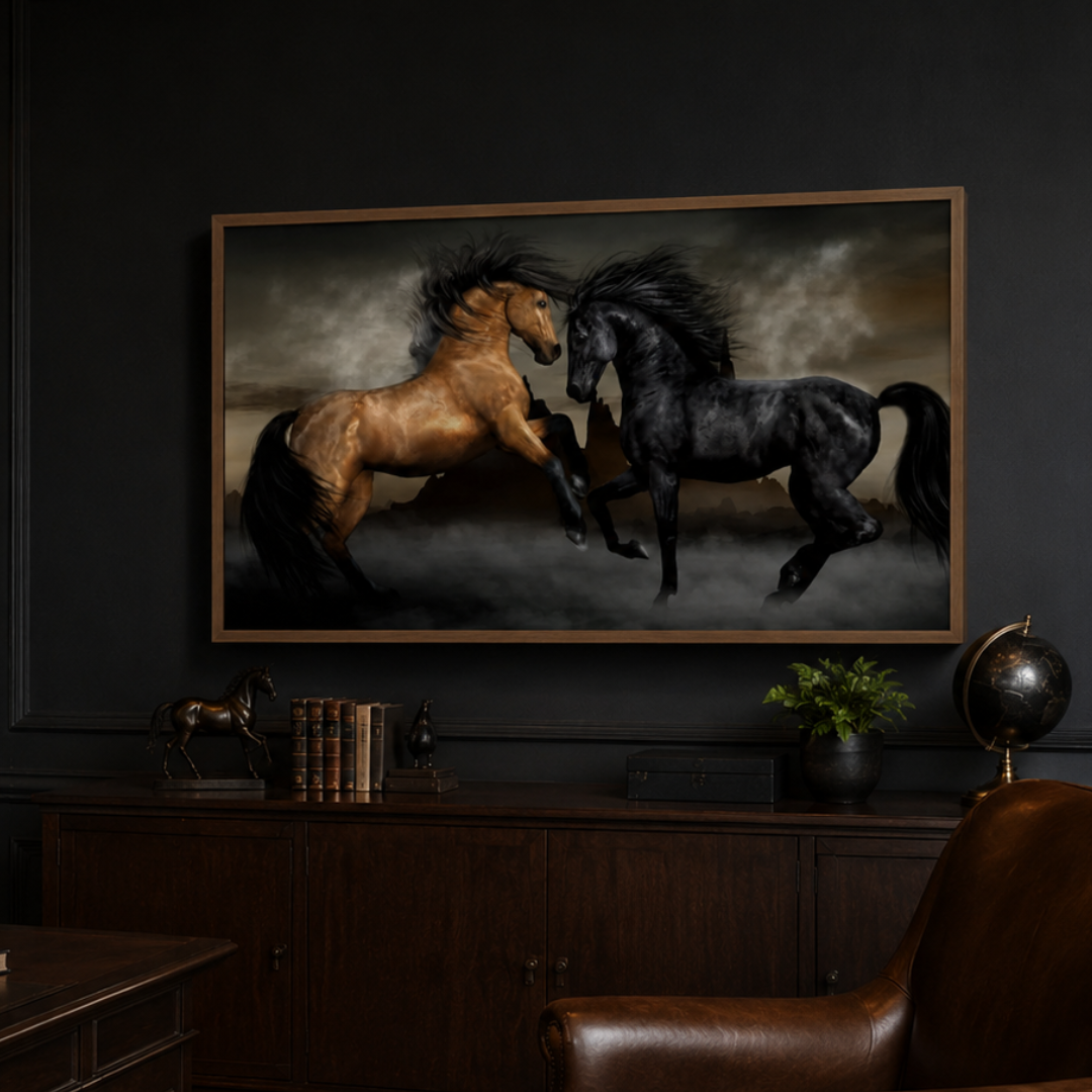 Wild Stallions Storm Panoramic Canvas Print