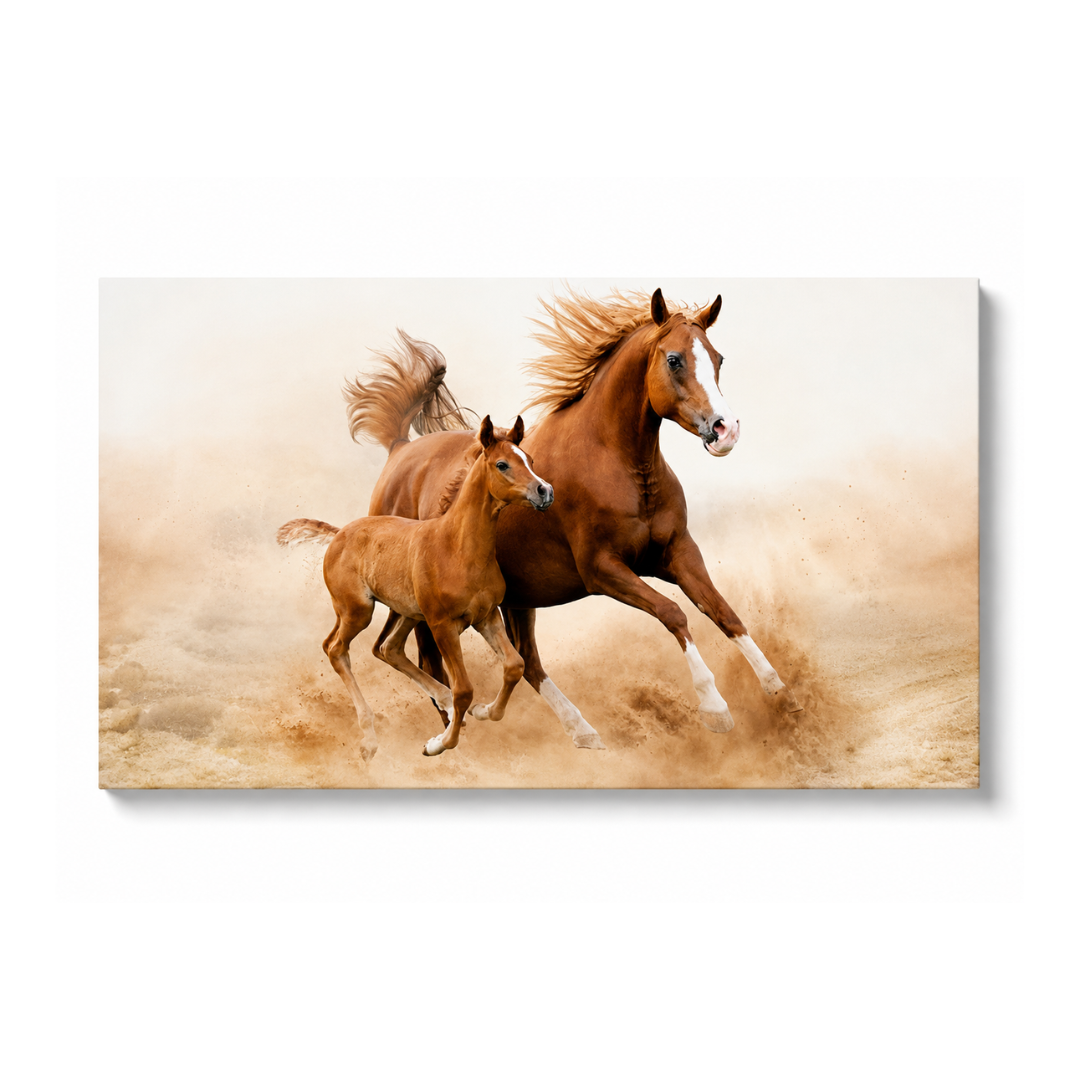 A rectangular wall art print or canvas showing a brown horse and foal galloping through a dusty beige landscape, presented against a plain white background with a slight drop shadow.