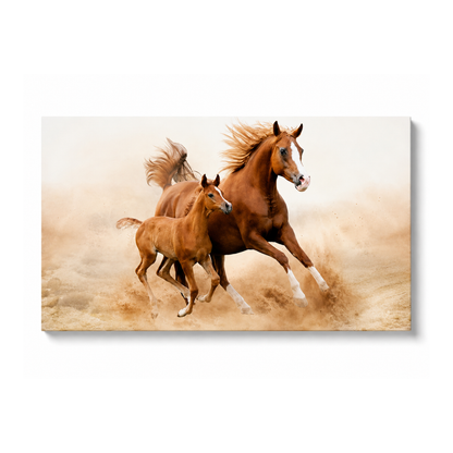 A rectangular wall art print or canvas showing a brown horse and foal galloping through a dusty beige landscape, presented against a plain white background with a slight drop shadow.
