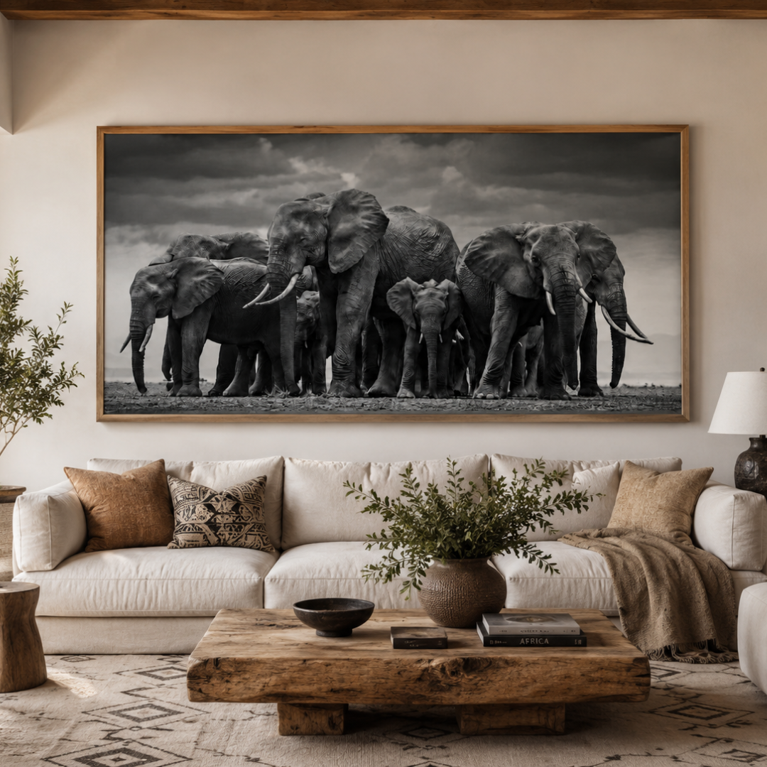Guardians of the Herd Elephant Panoramic Canvas Print