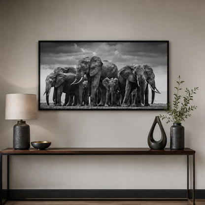 Guardians of the Herd Elephant Panoramic Canvas Print