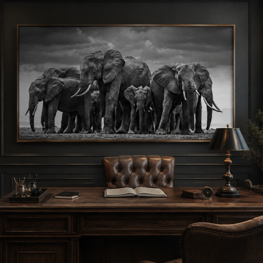 Guardians of the Herd Elephant Panoramic Canvas Print