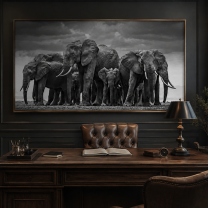 Guardians of the Herd Elephant Panoramic Canvas Print