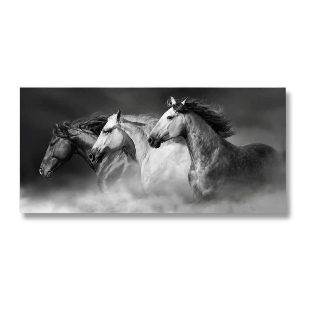 Veil of Mist Three Horses Panoramic Canvas Print