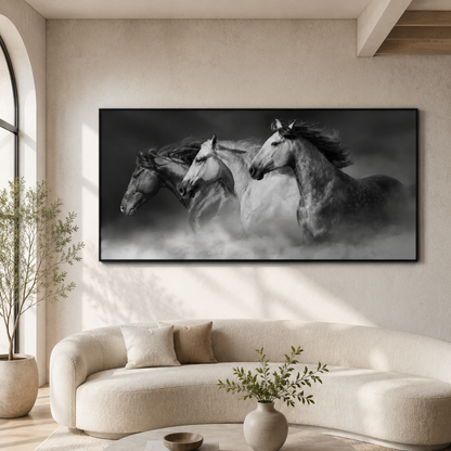 Veil of Mist Three Horses Panoramic Canvas Print