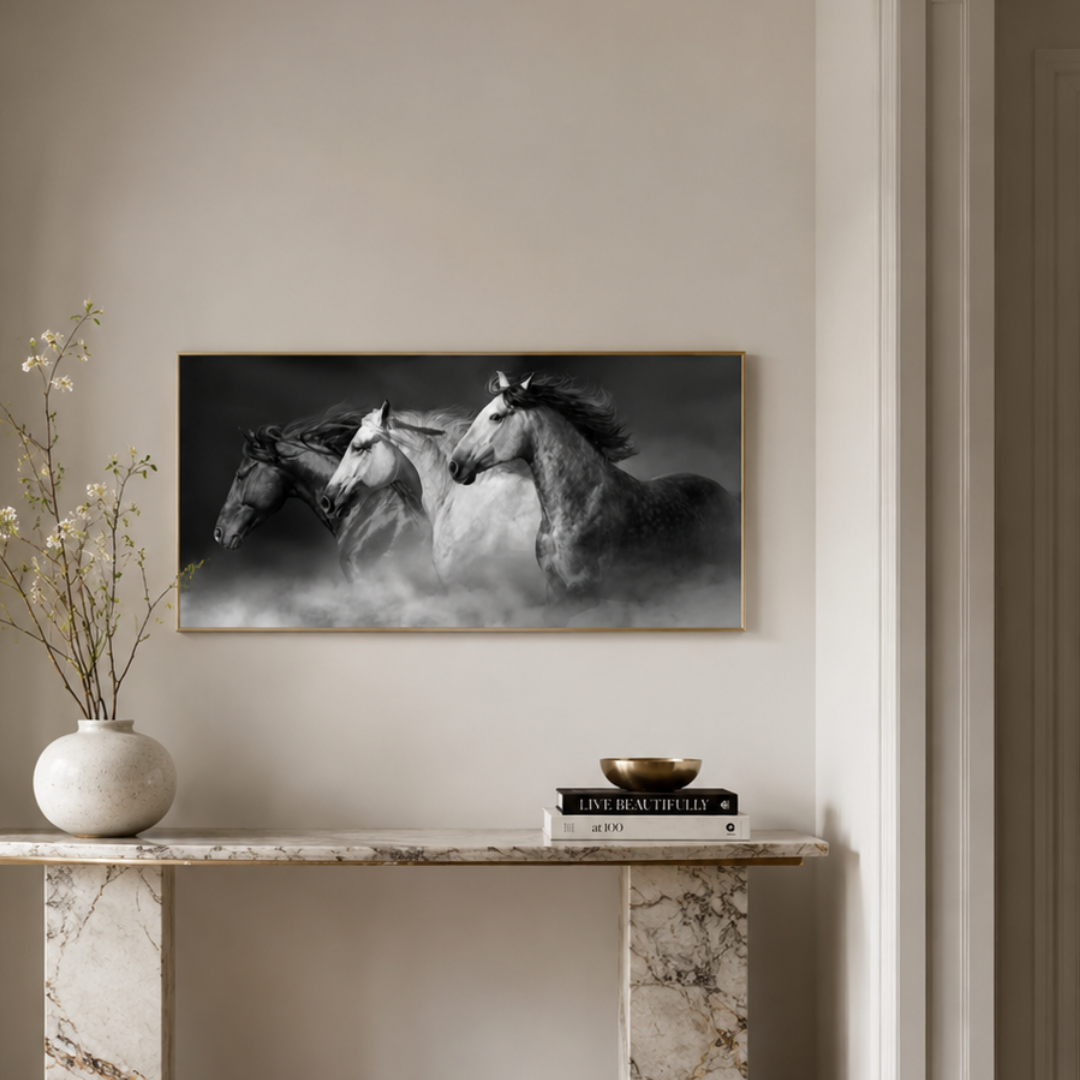 Veil of Mist Three Horses Panoramic Canvas Print
