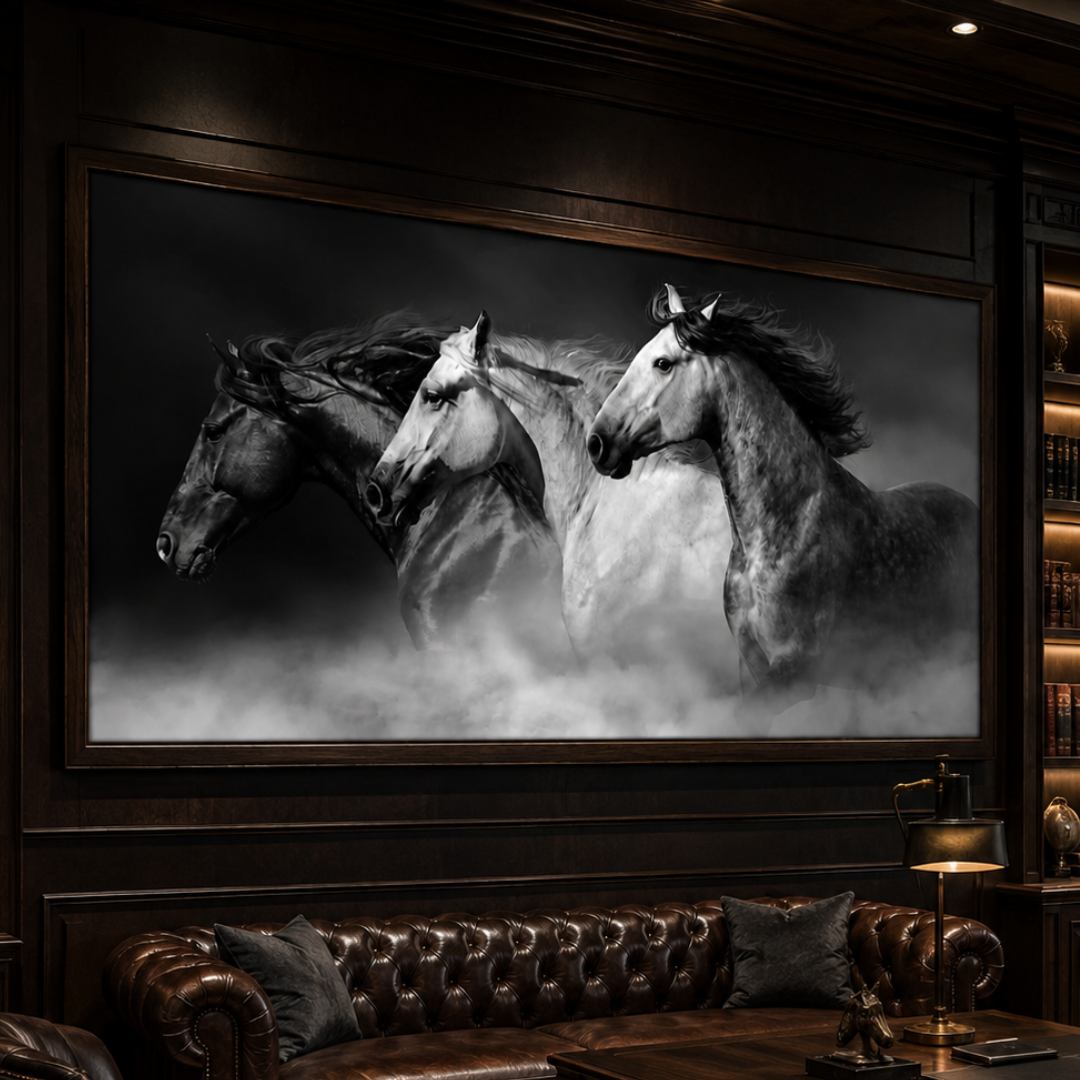 Veil of Mist Three Horses Panoramic Canvas Print