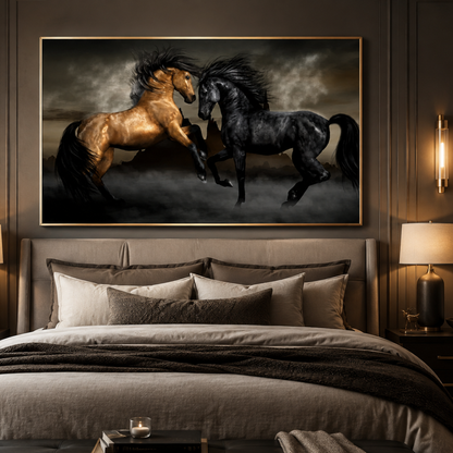 Wild Stallions Storm Panoramic Canvas Print