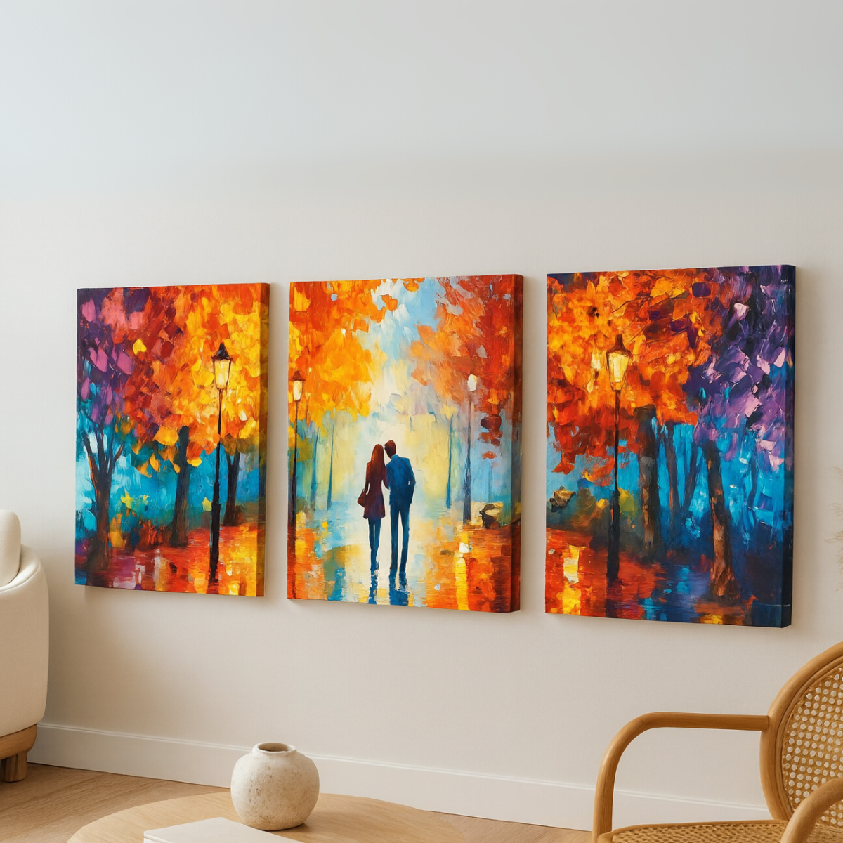 Romantic Autumn Lovers Cityscape Print - Set Of 3