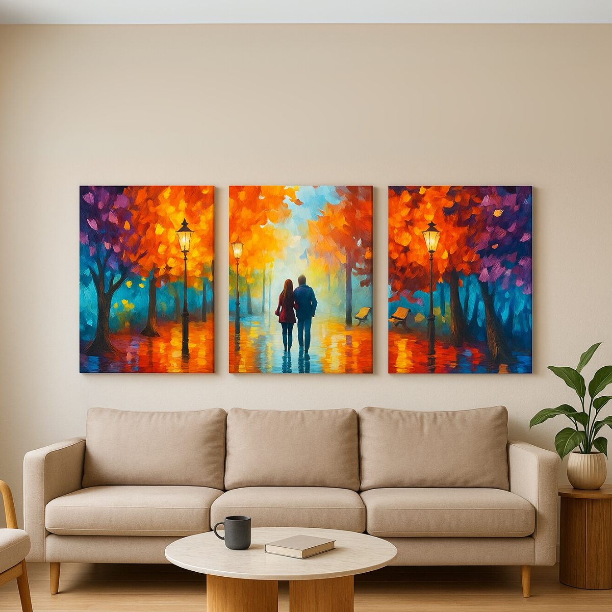 Romantic Autumn Lovers Cityscape Print - Set Of 3