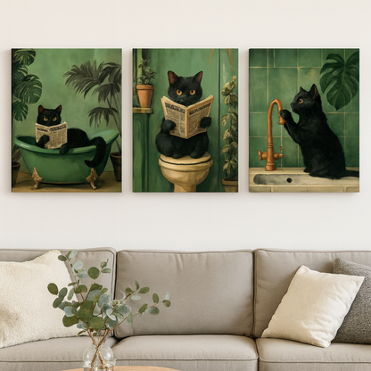 Funny Black Cat Bathroom Wall Art – Set of 3