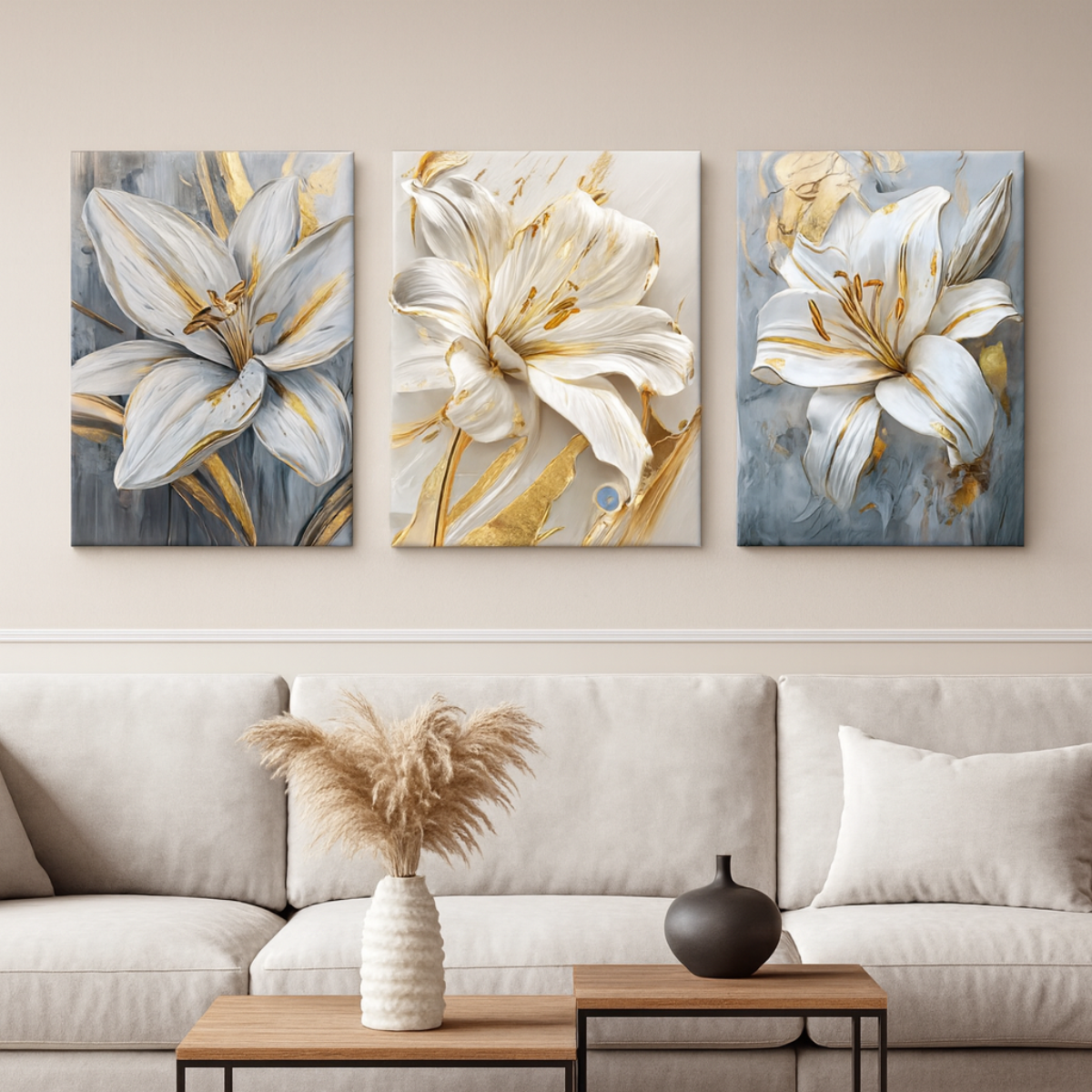 Gold Foil Ginkgo Flower Canvas - Set Of 3