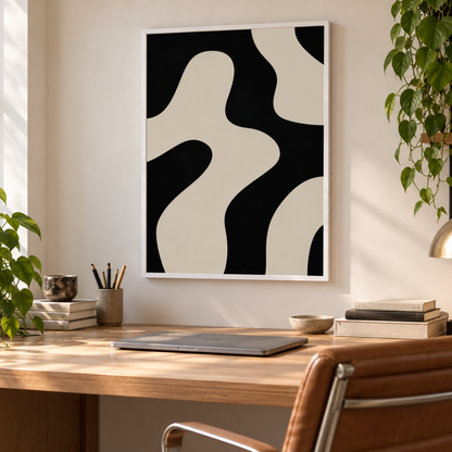 A framed abstract wall art print with flowing black and warm off-white organic shapes hangs above a wooden desk in a styled home office setting with plants, books, and a chair.