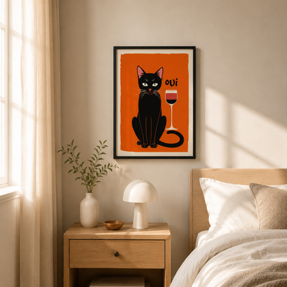 French Oui Black Cat Wine Canvas Print