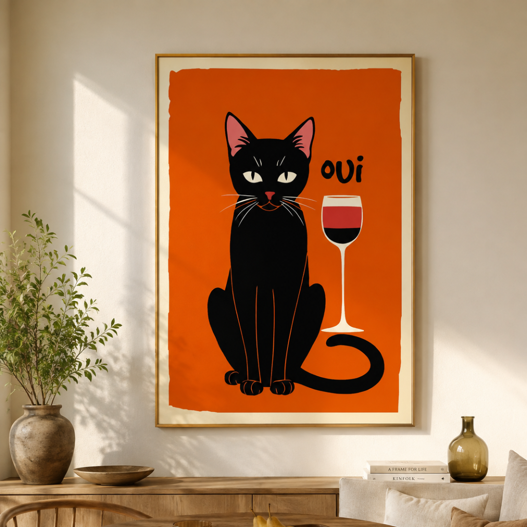 French Oui Black Cat Wine Canvas Print