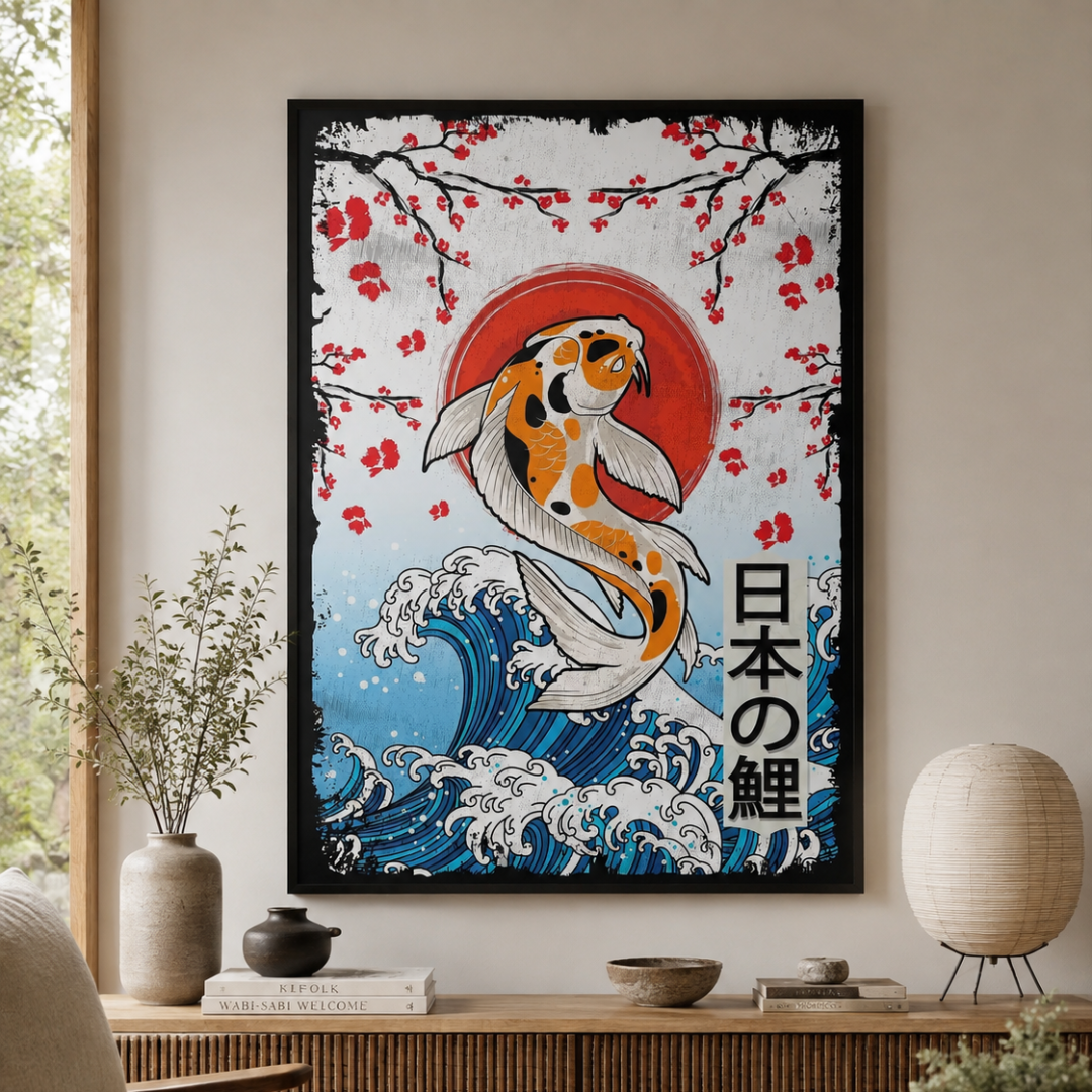 Japanese Koi Wave & Cherry Blossom Canvas Print