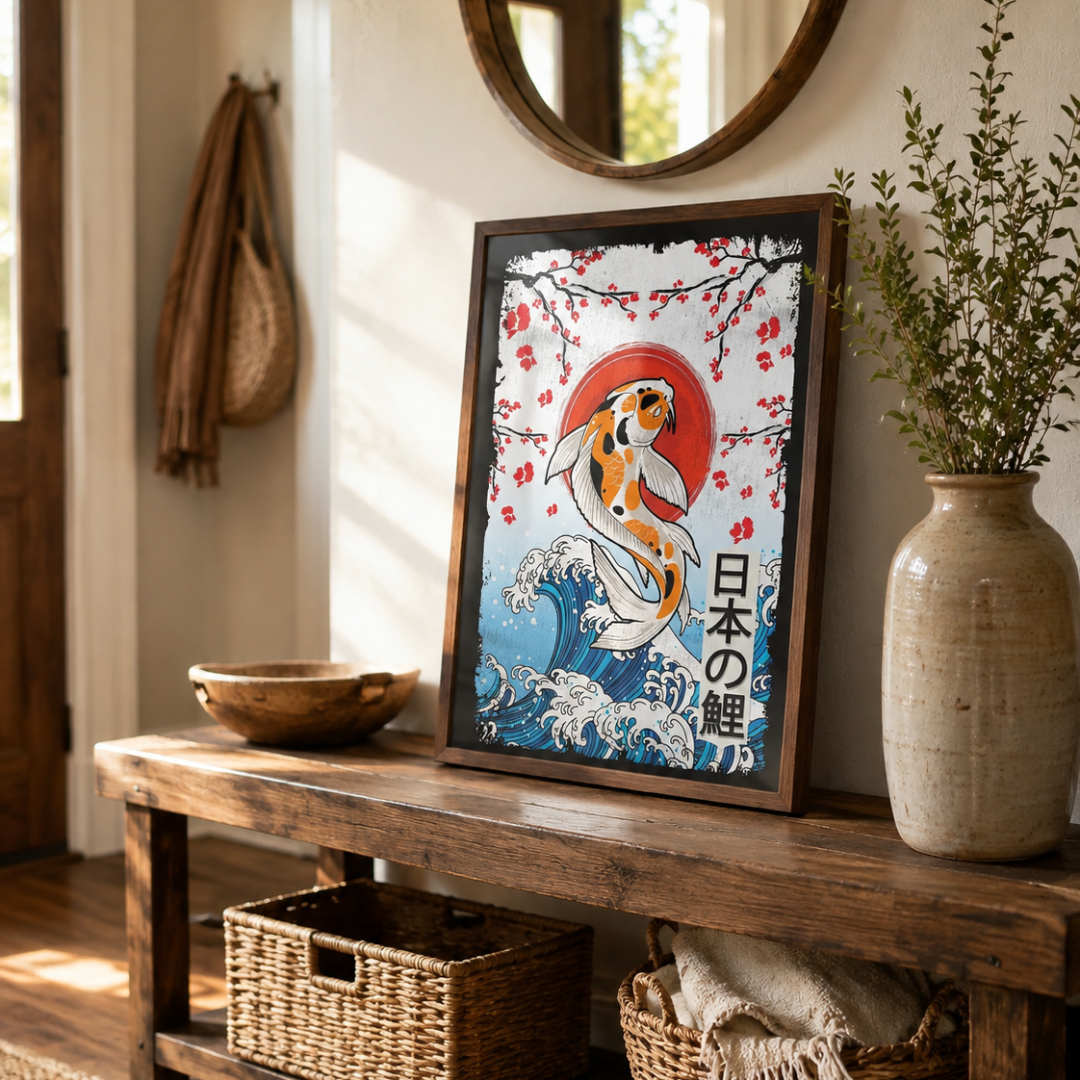 Japanese Koi Wave & Cherry Blossom Canvas Print