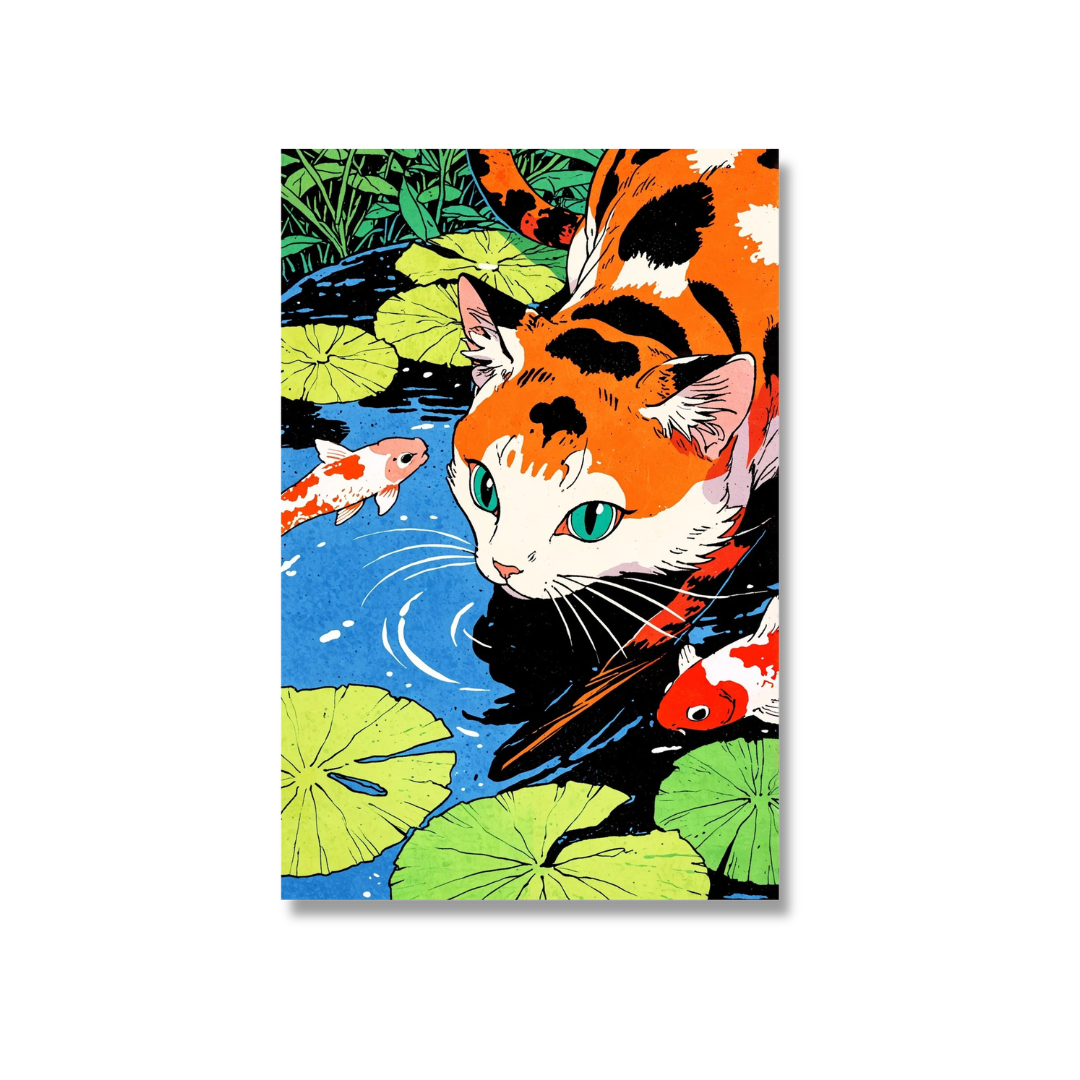 Japanese Calico Cat Koi Pond Canvas Print