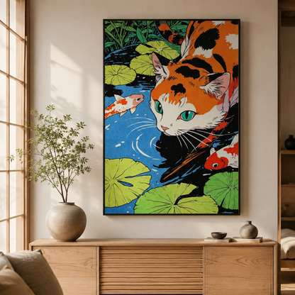 Japanese Calico Cat Koi Pond Canvas Print