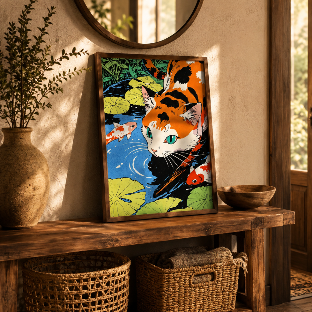 Japanese Calico Cat Koi Pond Canvas Print
