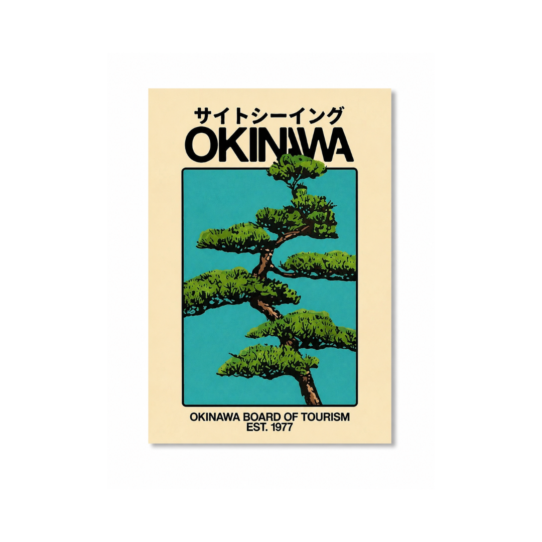 A rectangular printed poster or booklet cover on a white background, featuring the title “OKINIVA” in large black letters above an illustration of a green tree on a turquoise panel, with “OKINAWA BOARD OF TOURISM EST. 1977” at the bottom.