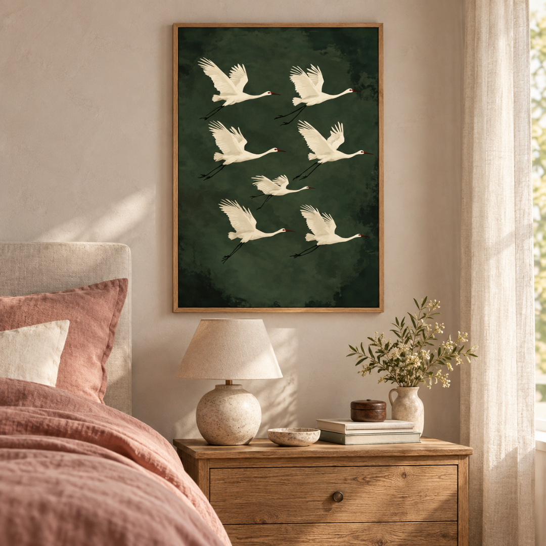 Japanese Seven Cranes At Dusk Canvas Print