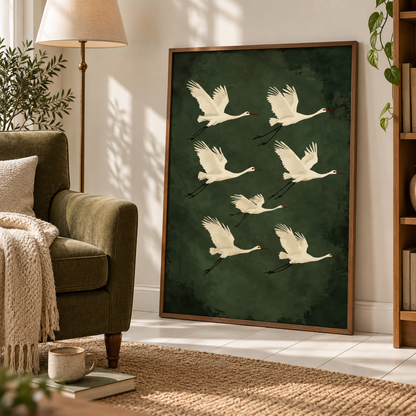 Japanese Seven Cranes At Dusk Canvas Print