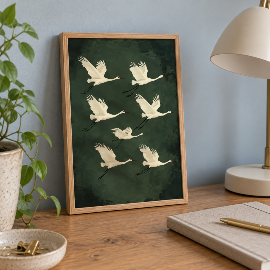 Japanese Seven Cranes At Dusk Canvas Print