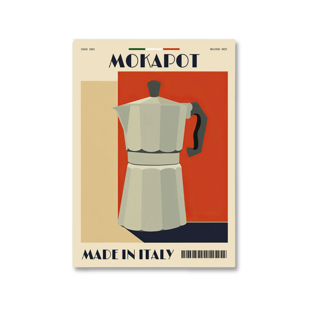 A stylized poster or print featuring an illustrated stovetop espresso maker on a cream background with a red-orange block, navy text reading 'MOKAPOT' and 'MADE IN ITALY', plus small Italian flag colors at the top.