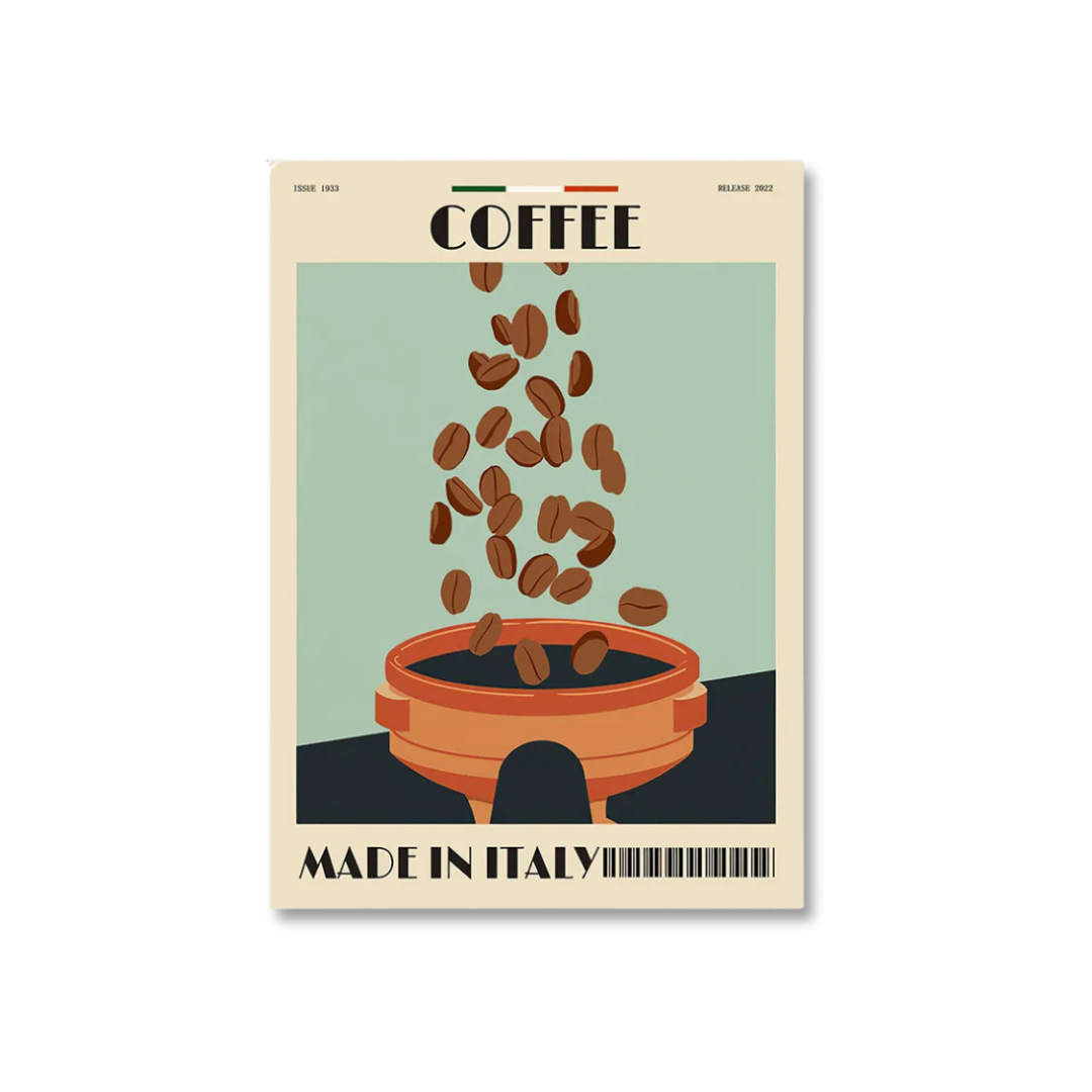 A retro-style coffee poster featuring coffee beans falling into a pot, with 'COFFEE' at the top and 'MADE IN ITALY' at the bottom, shown against a plain white background.