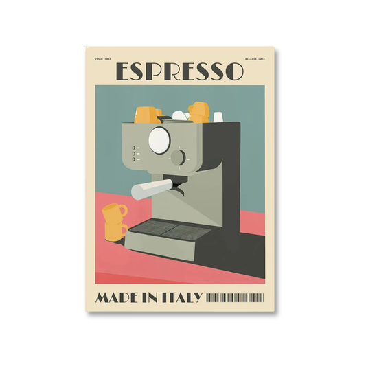 A retro-style illustrated poster or print featuring an espresso machine with the word 'ESPRESSO' at the top and 'MADE IN ITALY' at the bottom, shown against a plain white background.
