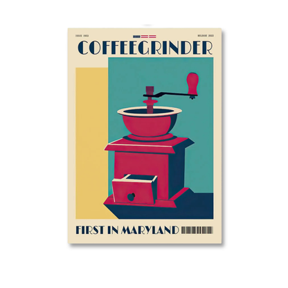 A vintage-style illustrated poster or print featuring a hand-crank coffee grinder. The design has a cream border, the word 'COFFEEGRINDER' at the top, and 'FIRST IN MARYLAND' at the bottom, with a teal and yellow background and the grinder rendered in pink, dark blue, and black tones.