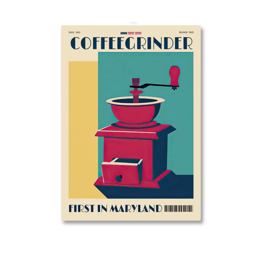 A vintage-style illustrated poster or print featuring a hand-crank coffee grinder. The design has a cream border, the word 'COFFEEGRINDER' at the top, and 'FIRST IN MARYLAND' at the bottom, with a teal and yellow background and the grinder rendered in pink, dark blue, and black tones.