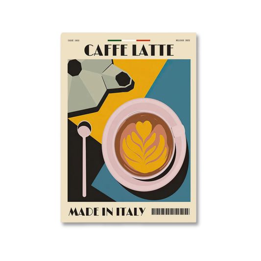 A rectangular poster or art print featuring a stylized illustration of a cappuccino with latte art, a coffee pot, and a spoon, with the text 'CAFFE LATTE' and 'MADE IN ITALY' on a cream background.